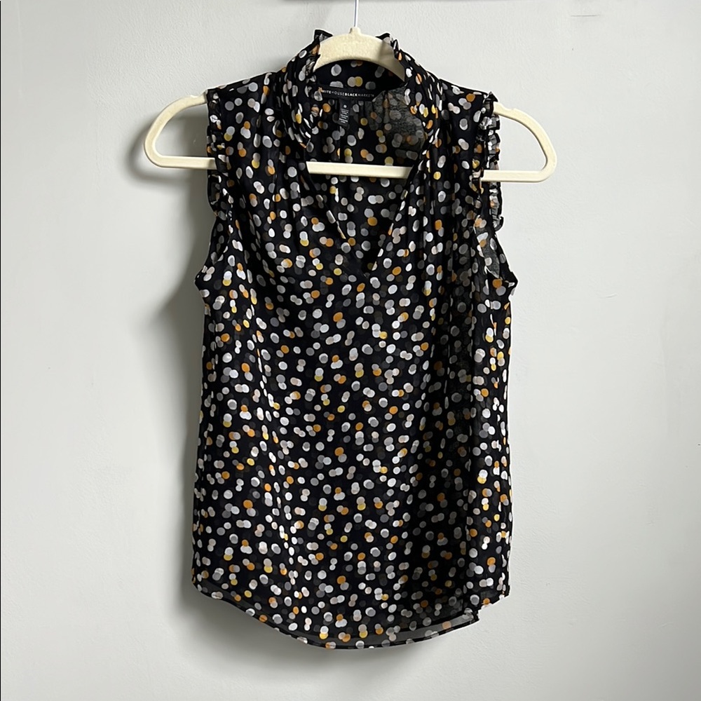 NWOT White House Black Market Black Sleeveless Dot Print Ruffle Neck Blouse